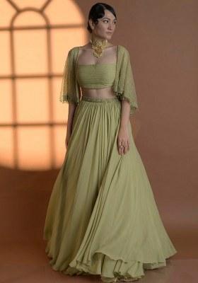 Olive Green Georgette Handwork Lehenga Set