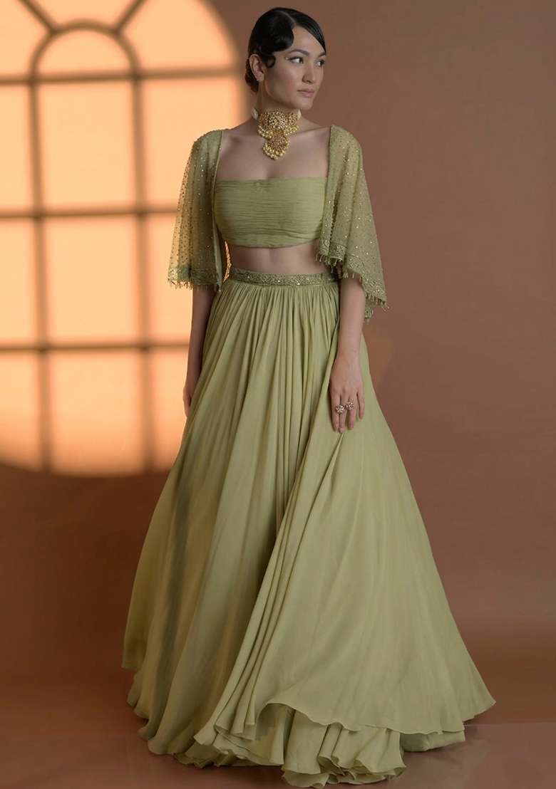Olive Green Georgette Handwork Lehenga Set - Indya