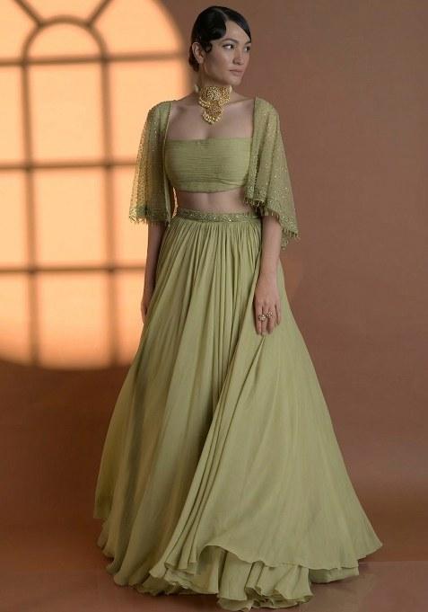 Olive Green Georgette Handwork Lehenga Set