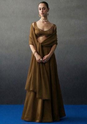 Chocolate Brown Crepe Handwork Lehenga Set