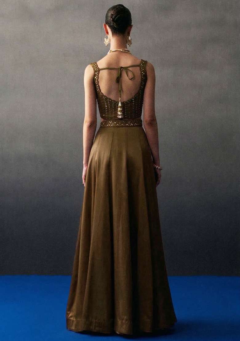 Chocolate Brown Crepe Handwork Lehenga Set - Indya