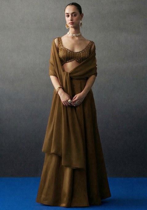 Chocolate Brown Crepe Handwork Lehenga Set