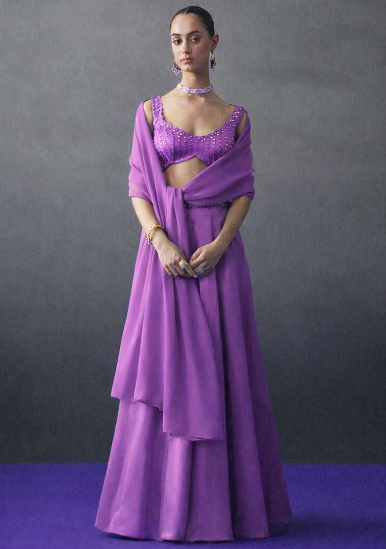 Purple Crepe Handwork Lehenga Set - Indya