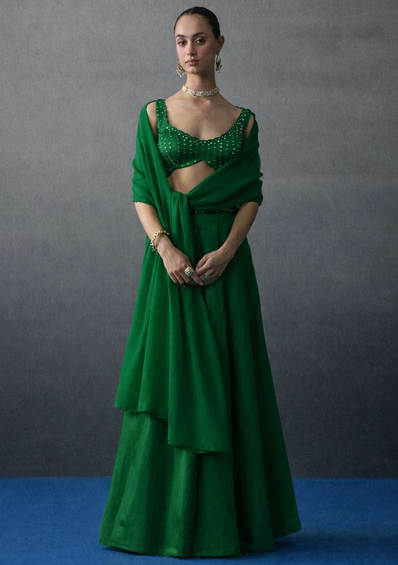 Bottle Green Crepe Handwork Lehenga Set - Indya