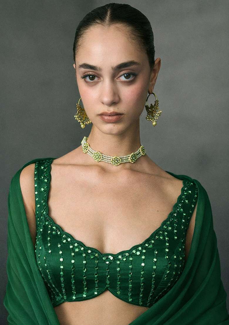Bottle Green Crepe Handwork Lehenga Set - Indya