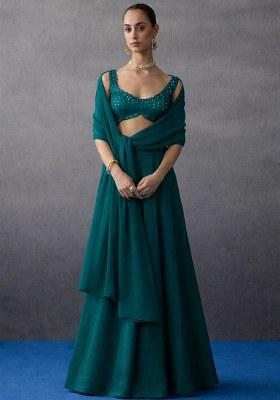 Teal Blue Crepe Handwork Lehenga Set