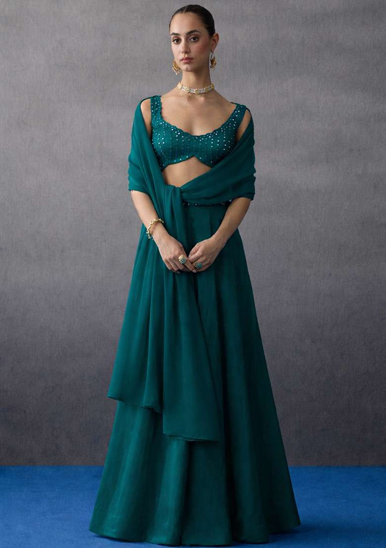 Teal Blue Crepe Handwork Lehenga Set - Indya