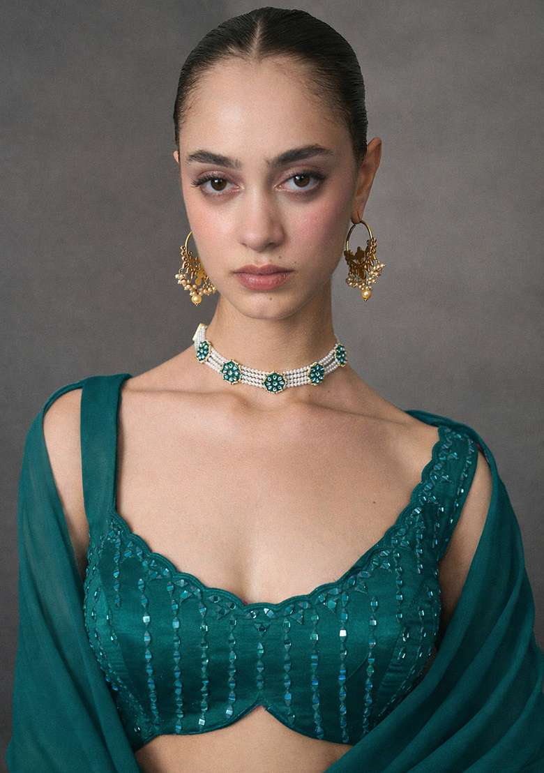 Teal Blue Crepe Handwork Lehenga Set - Indya
