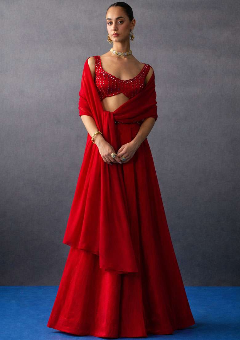 Red Crepe Handwork Lehenga Set - Indya