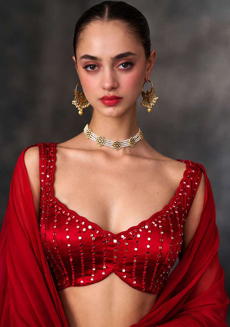 Red Crepe Handwork Lehenga Set - Indya