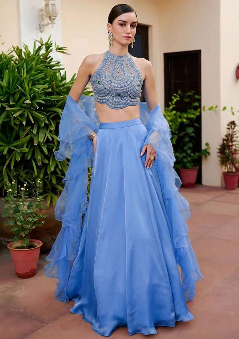 Periwinkle Blue Satin Handwork Lehenga Set - Indya