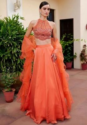Peach Satin Handwork Lehenga Set