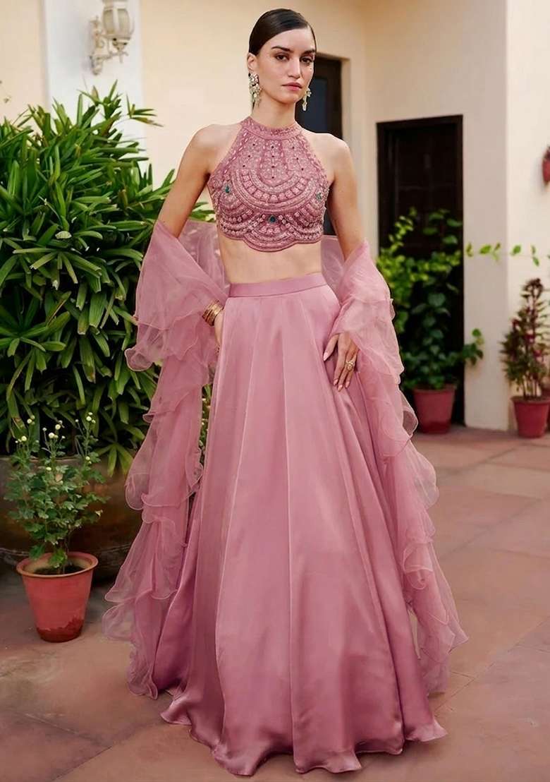 Pink Satin Handwork Lehenga Set - Indya