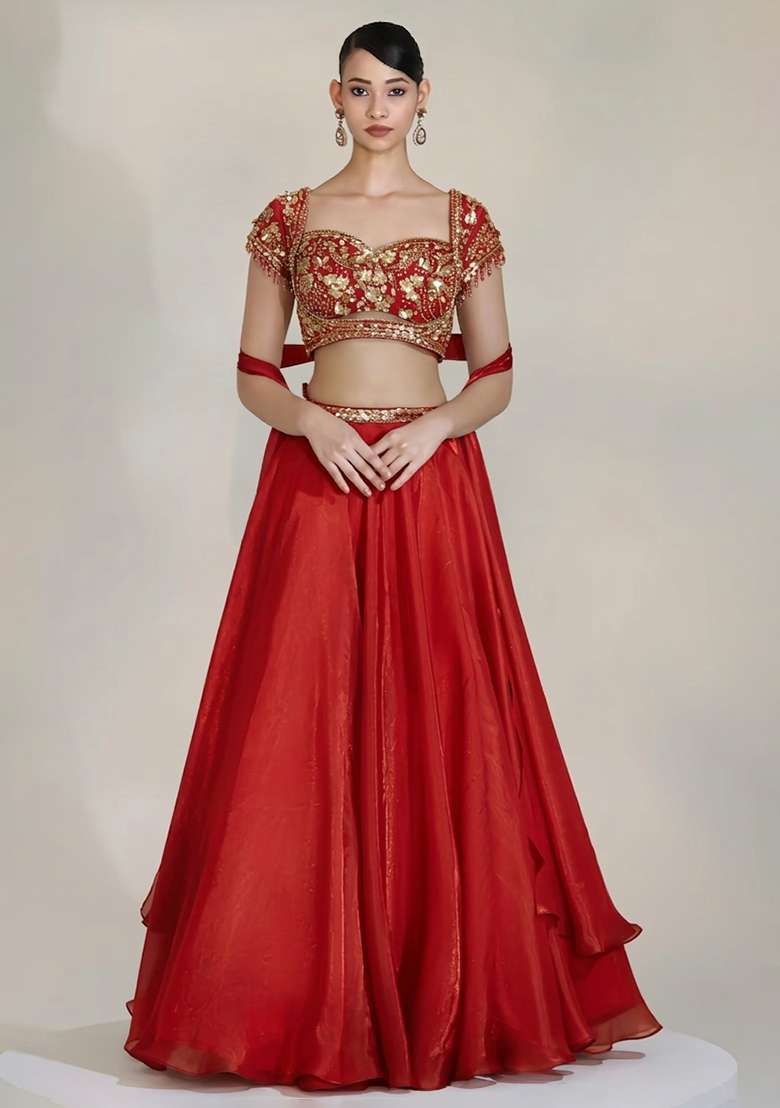 Bright Red Fandi Silk Blend Handwork Lehenga Set - Indya