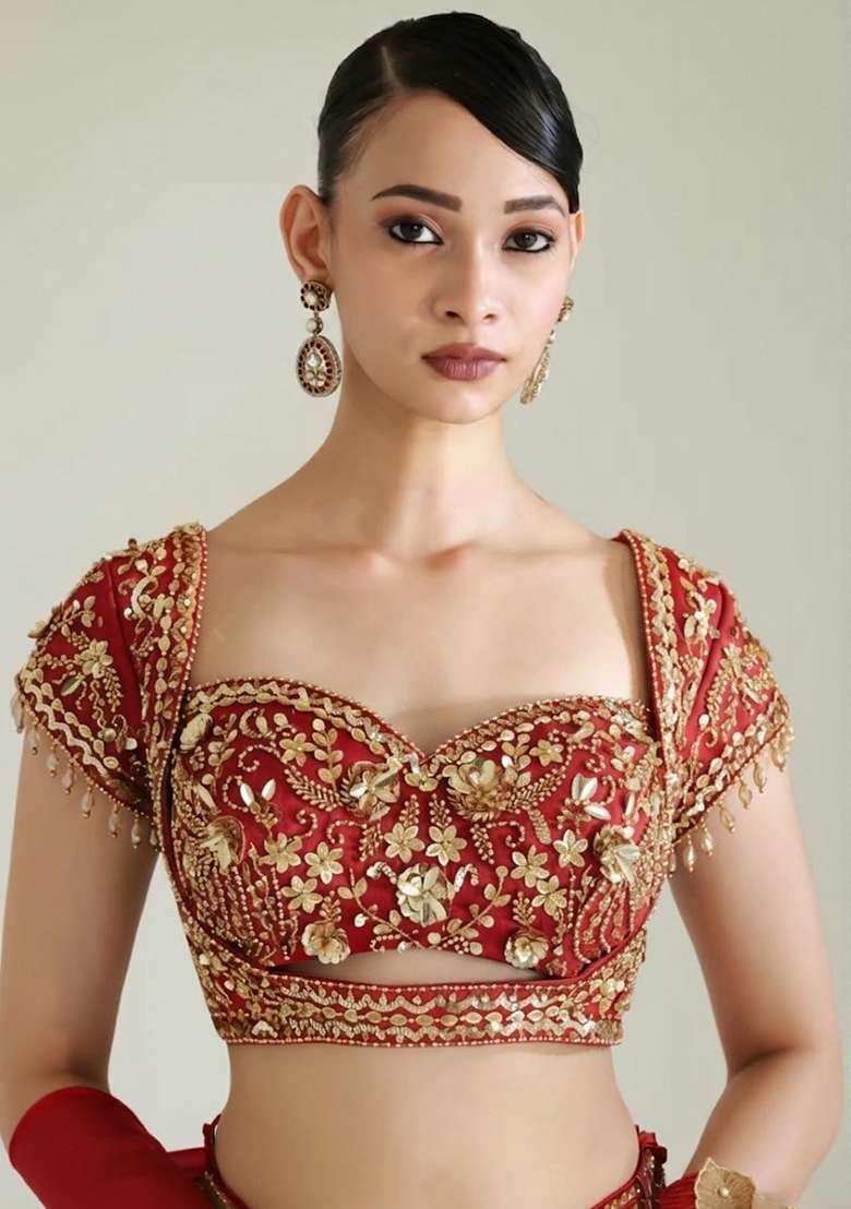 Bright Red Fandi Silk Blend Handwork Lehenga Set - Indya