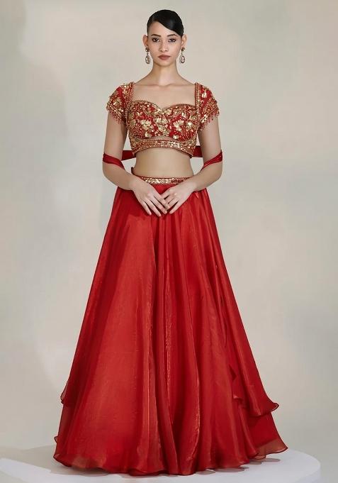 Bright Red Fandi Silk Handwork Lehenga Set