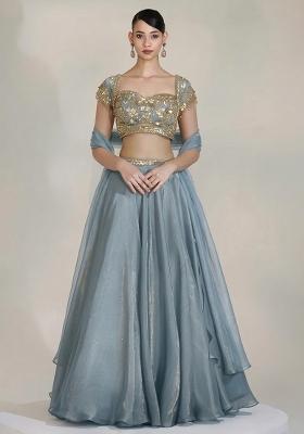 Dusty Blue Fandi Silk Handwork Lehenga Set