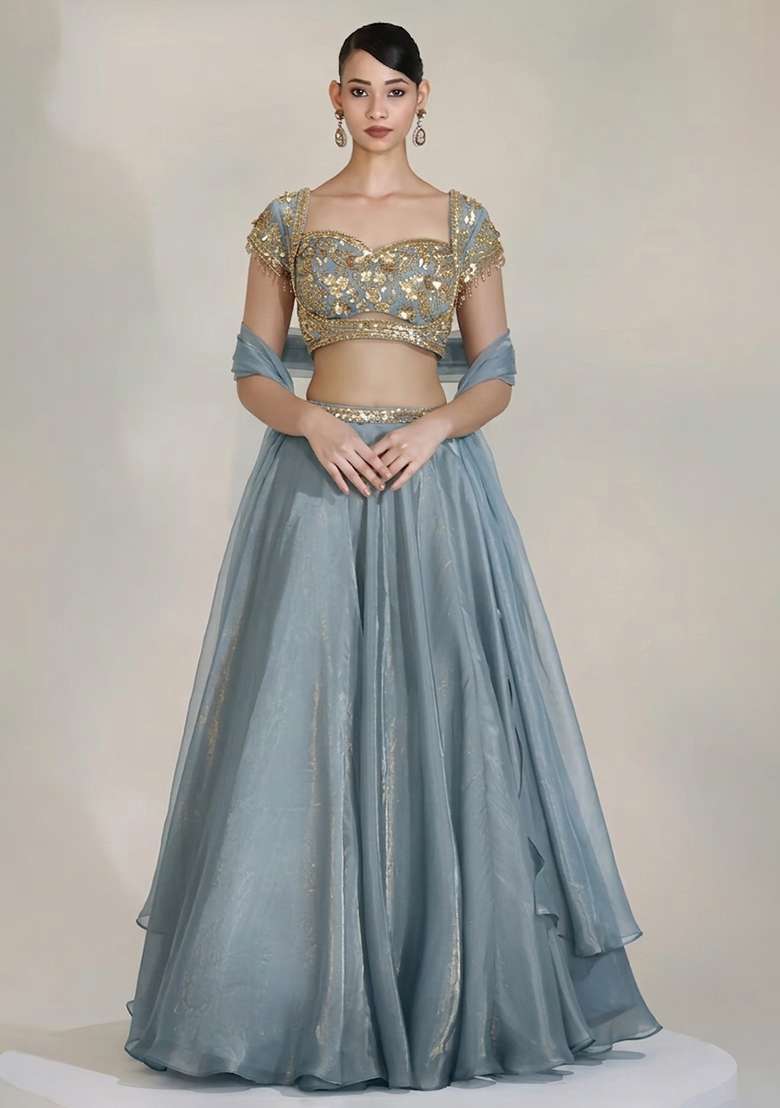 Dusty Blue Fandi Silk Blend Handwork Lehenga Set - Indya