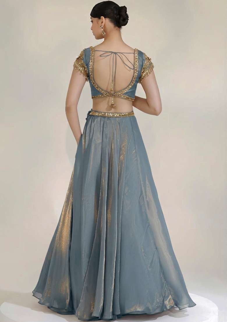 Dusty Blue Fandi Silk Blend Handwork Lehenga Set - Indya