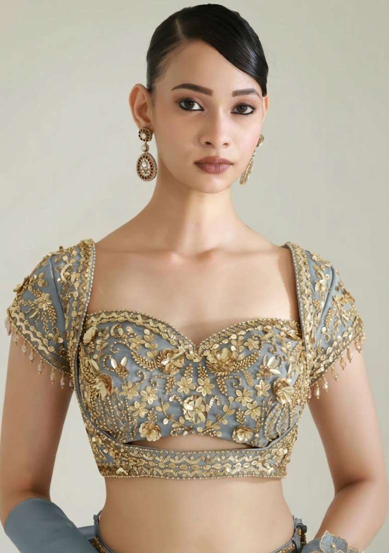 Dusty Blue Fandi Silk Blend Handwork Lehenga Set - Indya
