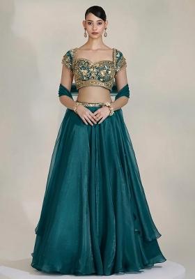 Teal Green Fandi Silk Handwork Lehenga Set