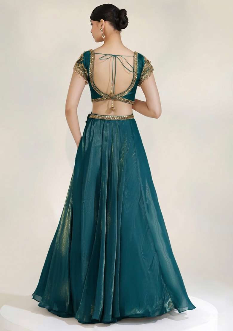 Teal Green Fandi Silk Blend Handwork Lehenga Set - Indya