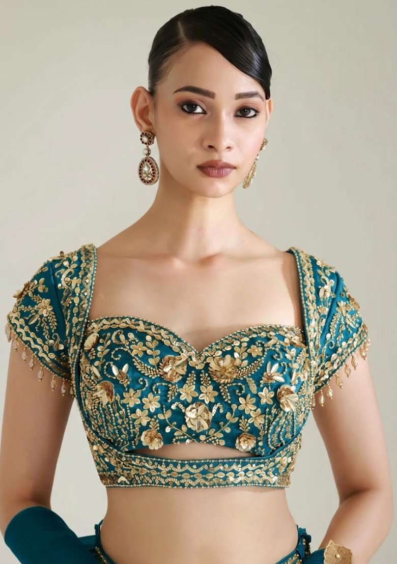 Teal Green Fandi Silk Blend Handwork Lehenga Set - Indya