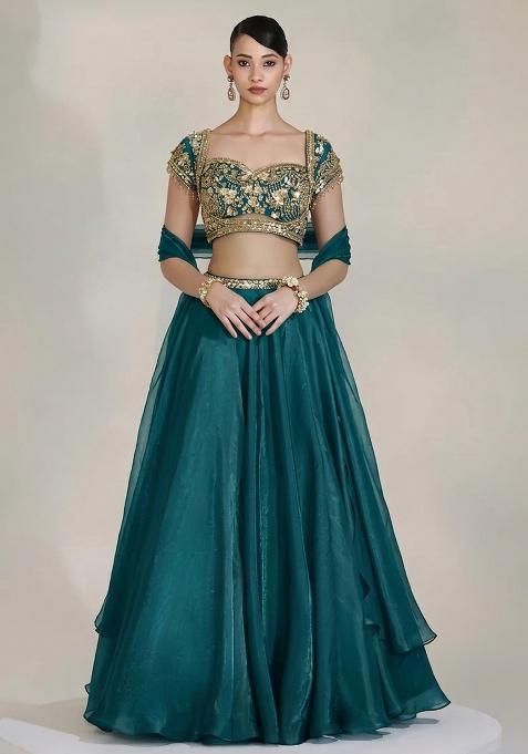 Teal Green Fandi Silk Handwork Lehenga Set