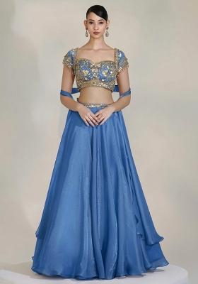 Steel Blue Fandi Silk Handwork Lehenga Set