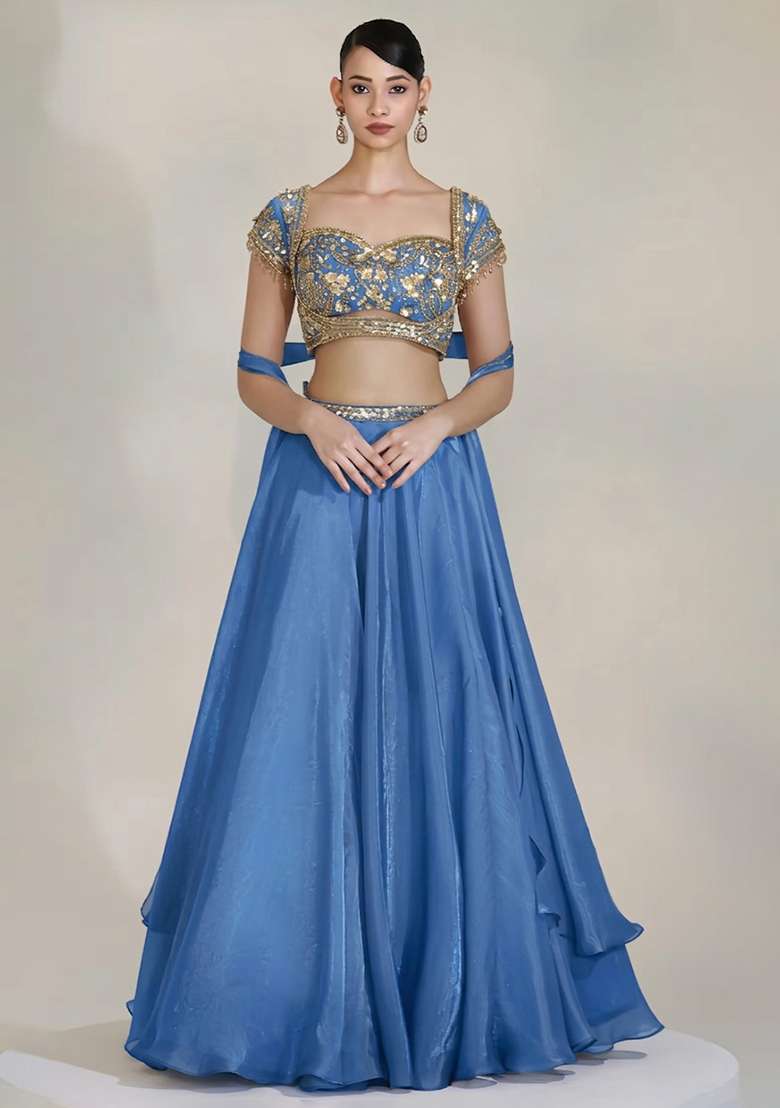 Steel Blue Fandi Silk Blend Handwork Lehenga Set - Indya