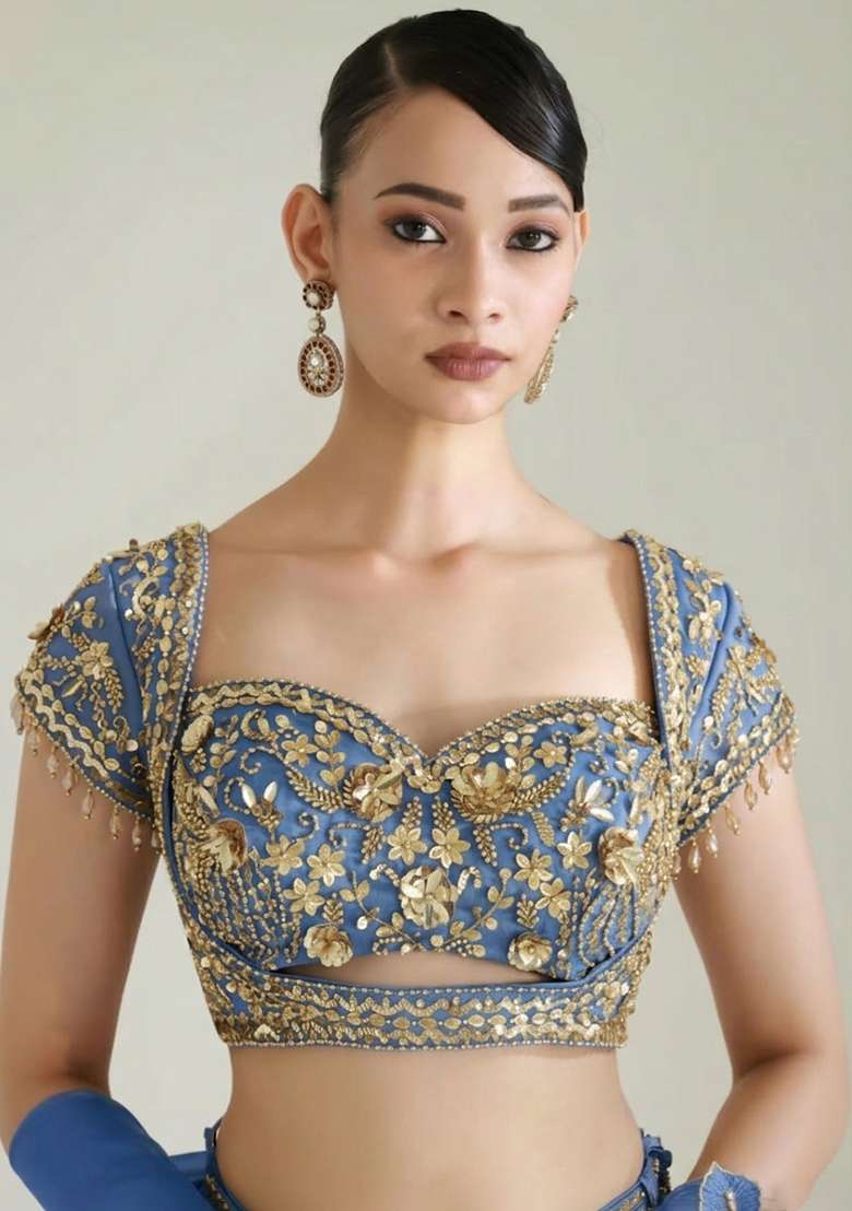 Steel Blue Fandi Silk Blend Handwork Lehenga Set - Indya