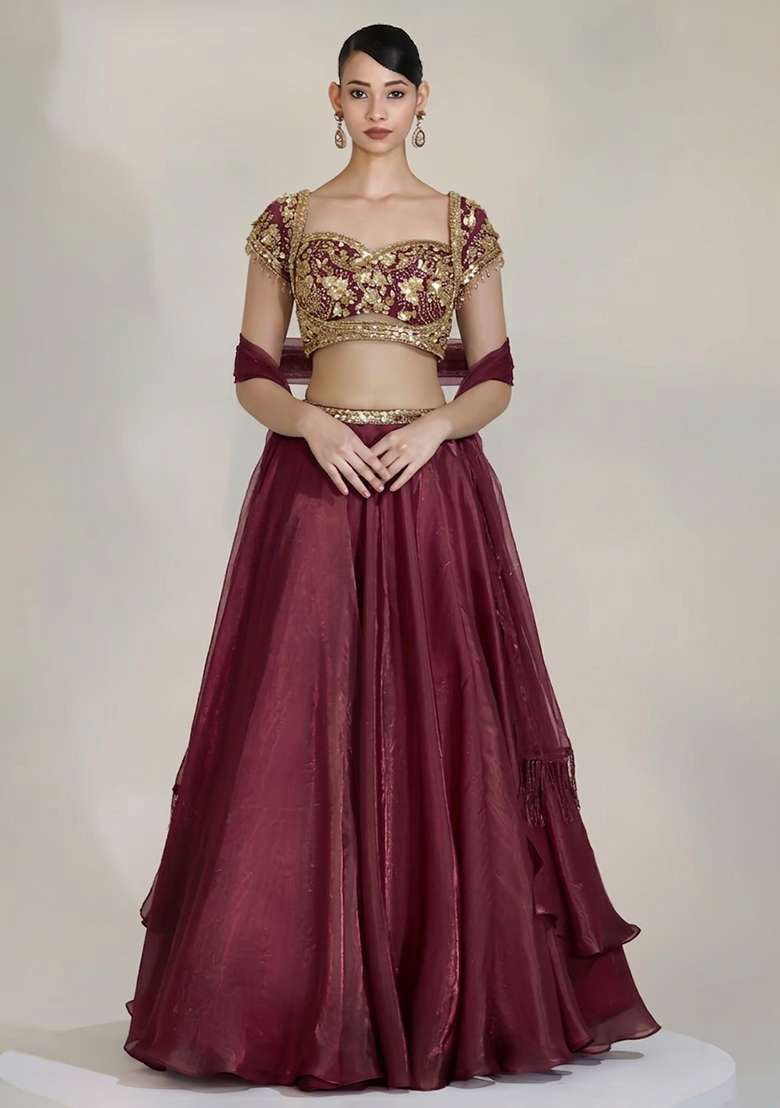 Wine Fandi Silk Blend Handwork Lehenga Set - Indya