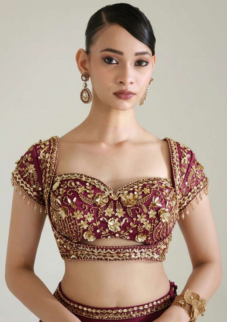 Wine Fandi Silk Blend Handwork Lehenga Set - Indya