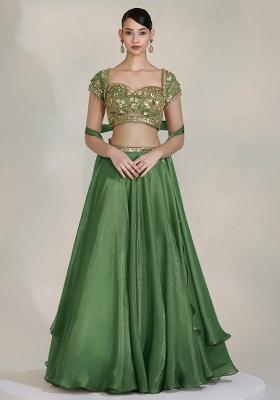 Olive Green Fandi Silk Handwork Lehenga Set
