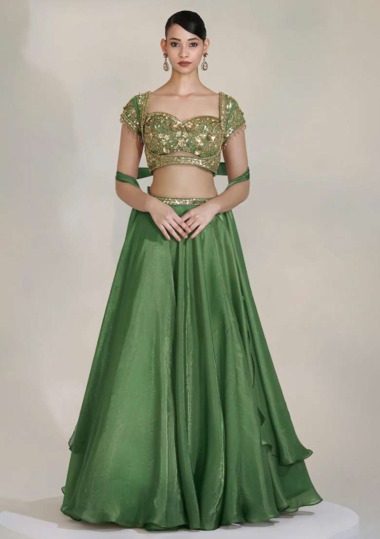 Olive Green Fandi Silk Blend Handwork Lehenga Set - Indya