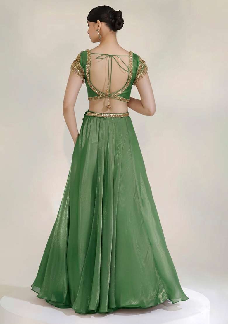 Olive Green Fandi Silk Blend Handwork Lehenga Set - Indya