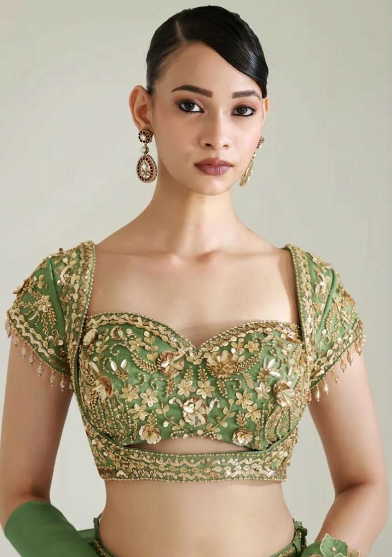 Olive Green Fandi Silk Blend Handwork Lehenga Set - Indya