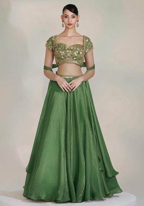 Olive Green Fandi Silk Blend Handwork Lehenga Set