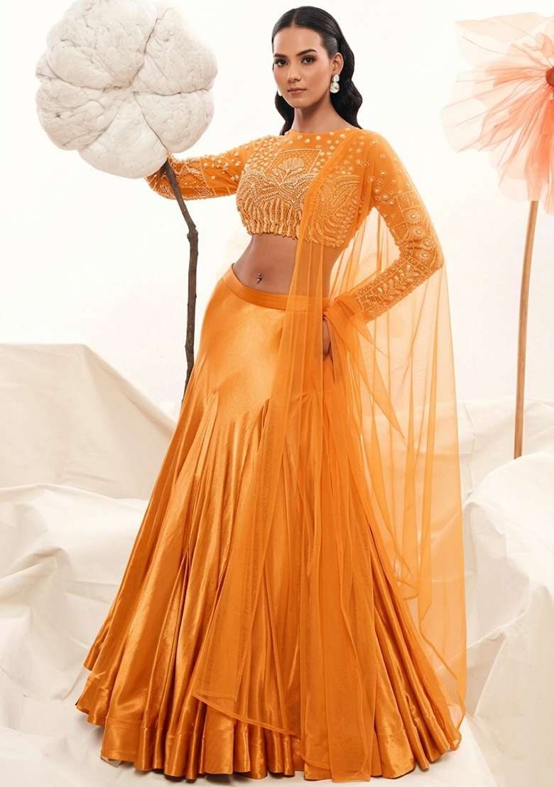 Mustard Orange Satin Handwork Lehenga Set - Indya