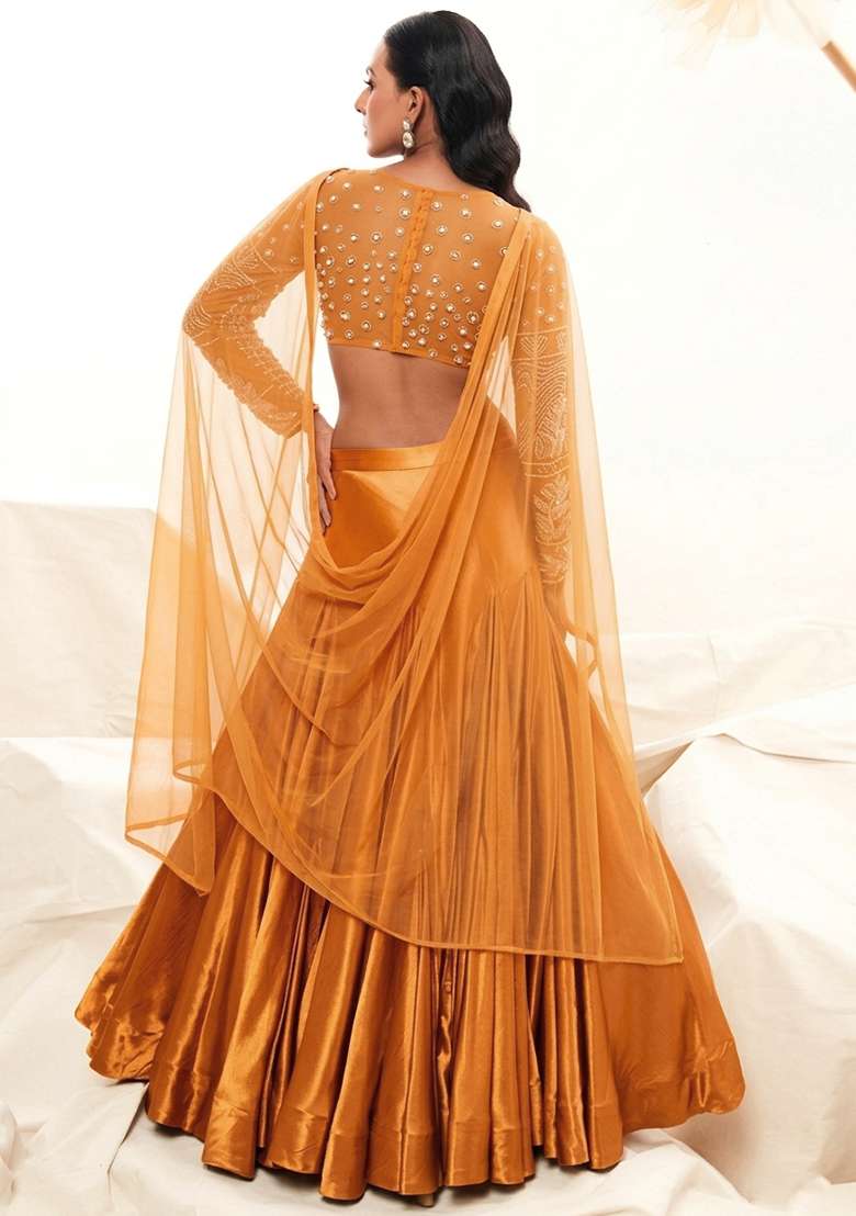 Mustard Orange Satin Handwork Lehenga Set - Indya