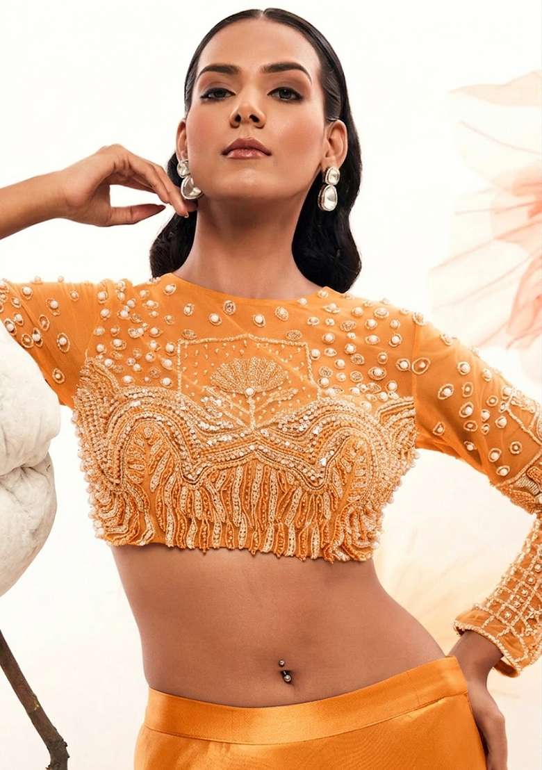 Mustard Orange Satin Handwork Lehenga Set - Indya