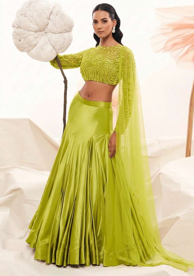 Lime Green Satin Handwork Lehenga Set - Indya