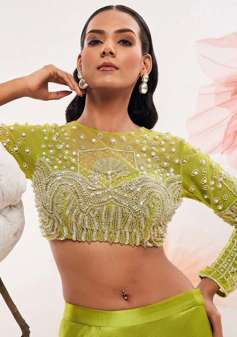 Lime Green Satin Handwork Lehenga Set - Indya