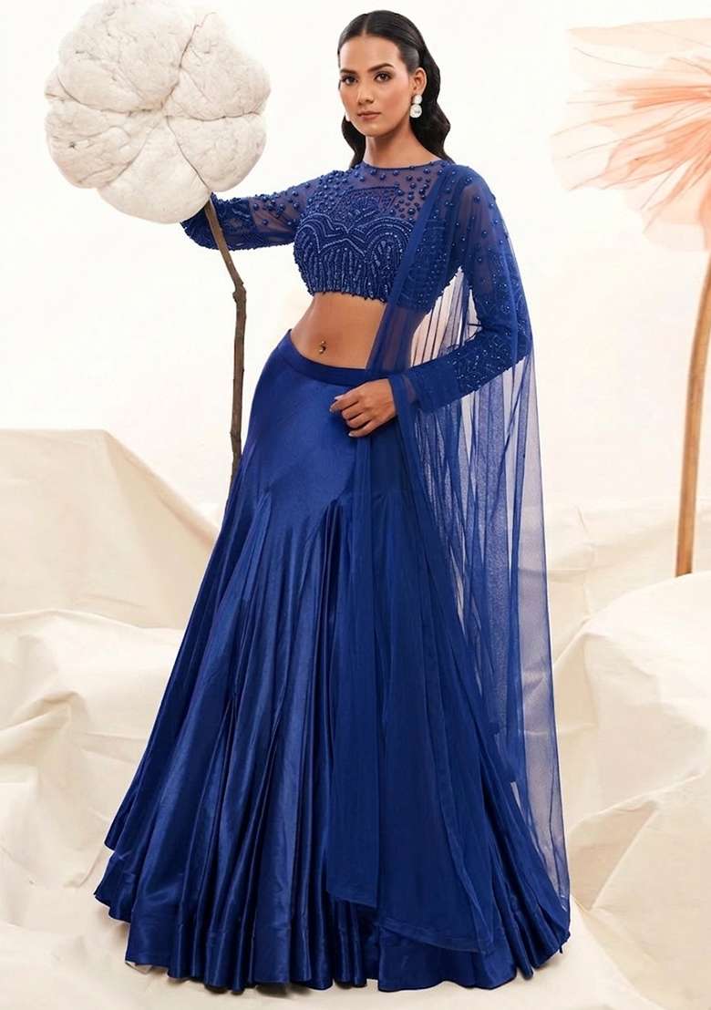 Navy Blue Satin Handwork Lehenga Set - Indya