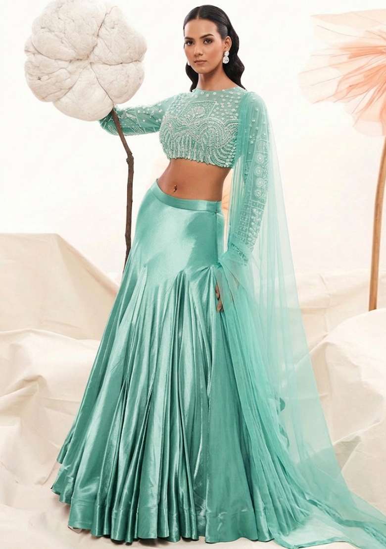 Teal Green Satin Handwork Lehenga Set - Indya