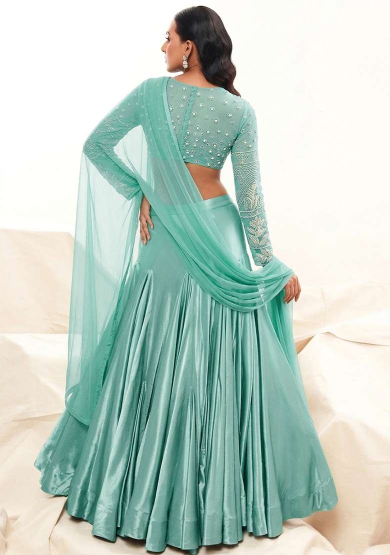 Teal Green Satin Handwork Lehenga Set - Indya