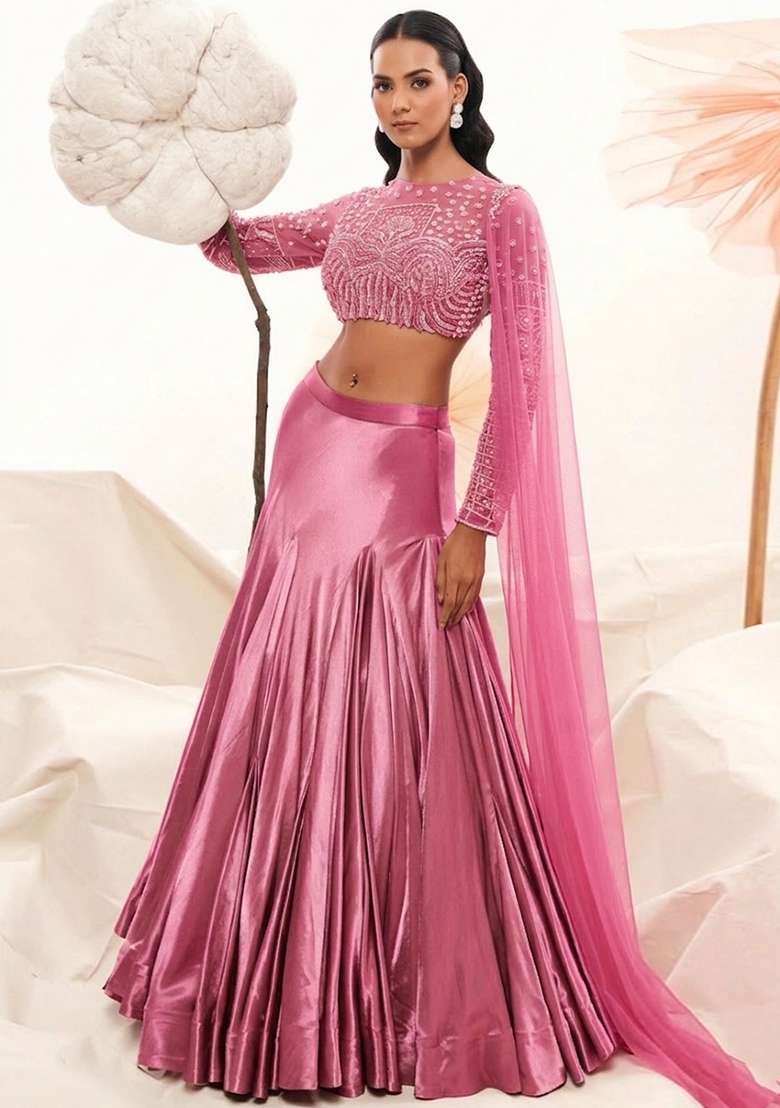 Pink Satin Handwork Lehenga Set - Indya