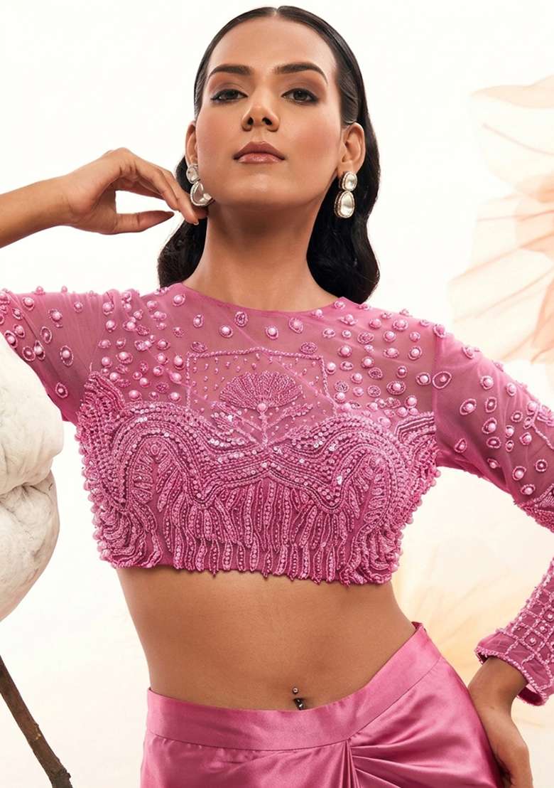Pink Satin Handwork Lehenga Set - Indya