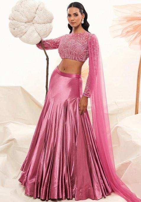 Pink Satin Handwork Lehenga Set