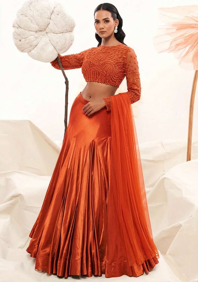 Orange Satin Handwork Lehenga Set - Indya